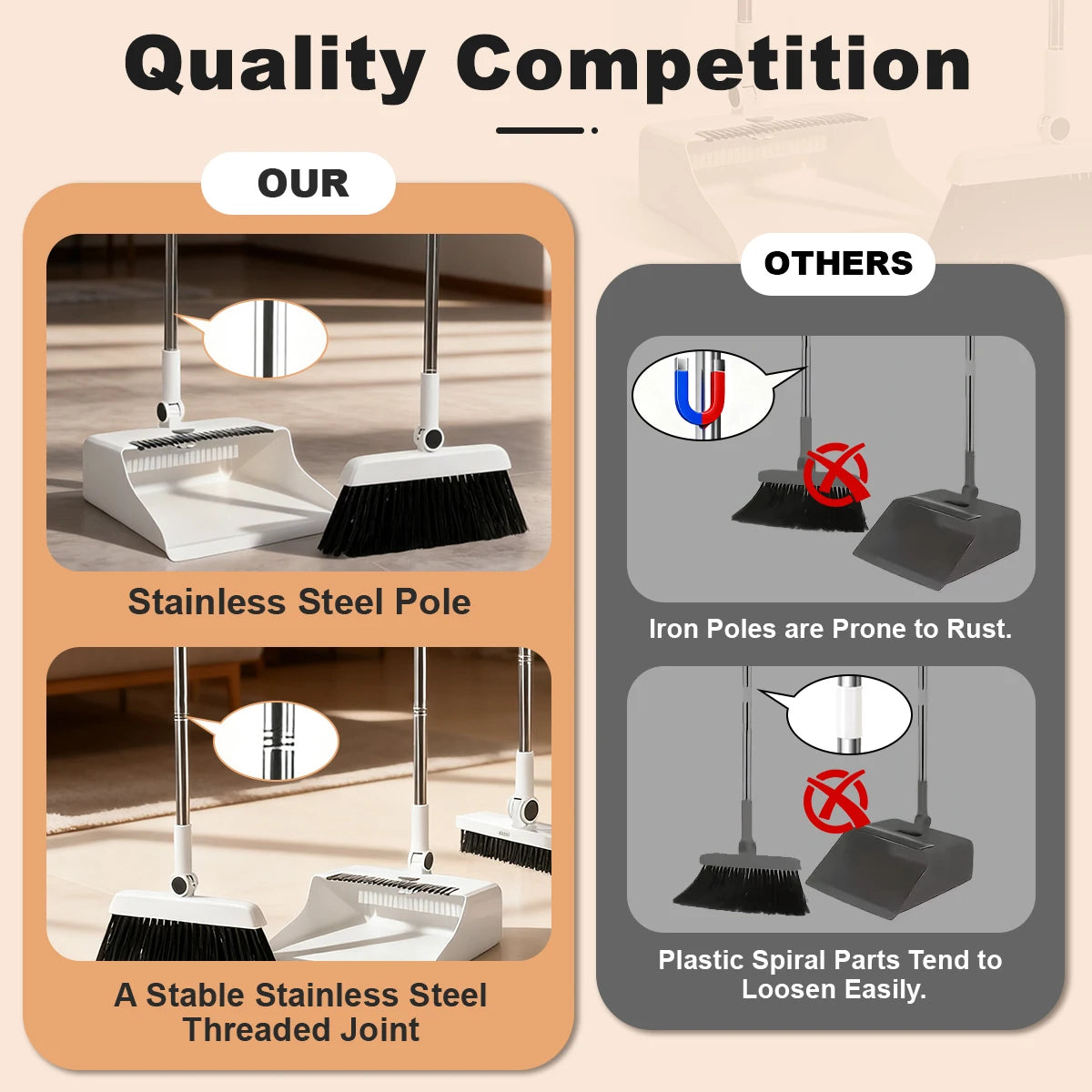 3-in-1 Broom and Dustpan Set – Long-Handled Floor Cleaning Brush